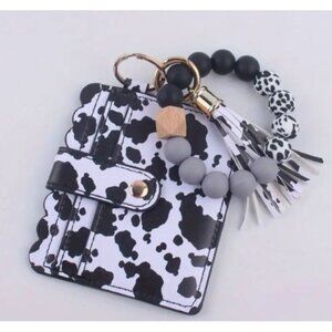 Cow Print ID & Card Holder With‎ Gray Accent Beads Wallet/Wristlet/Keychain NEW